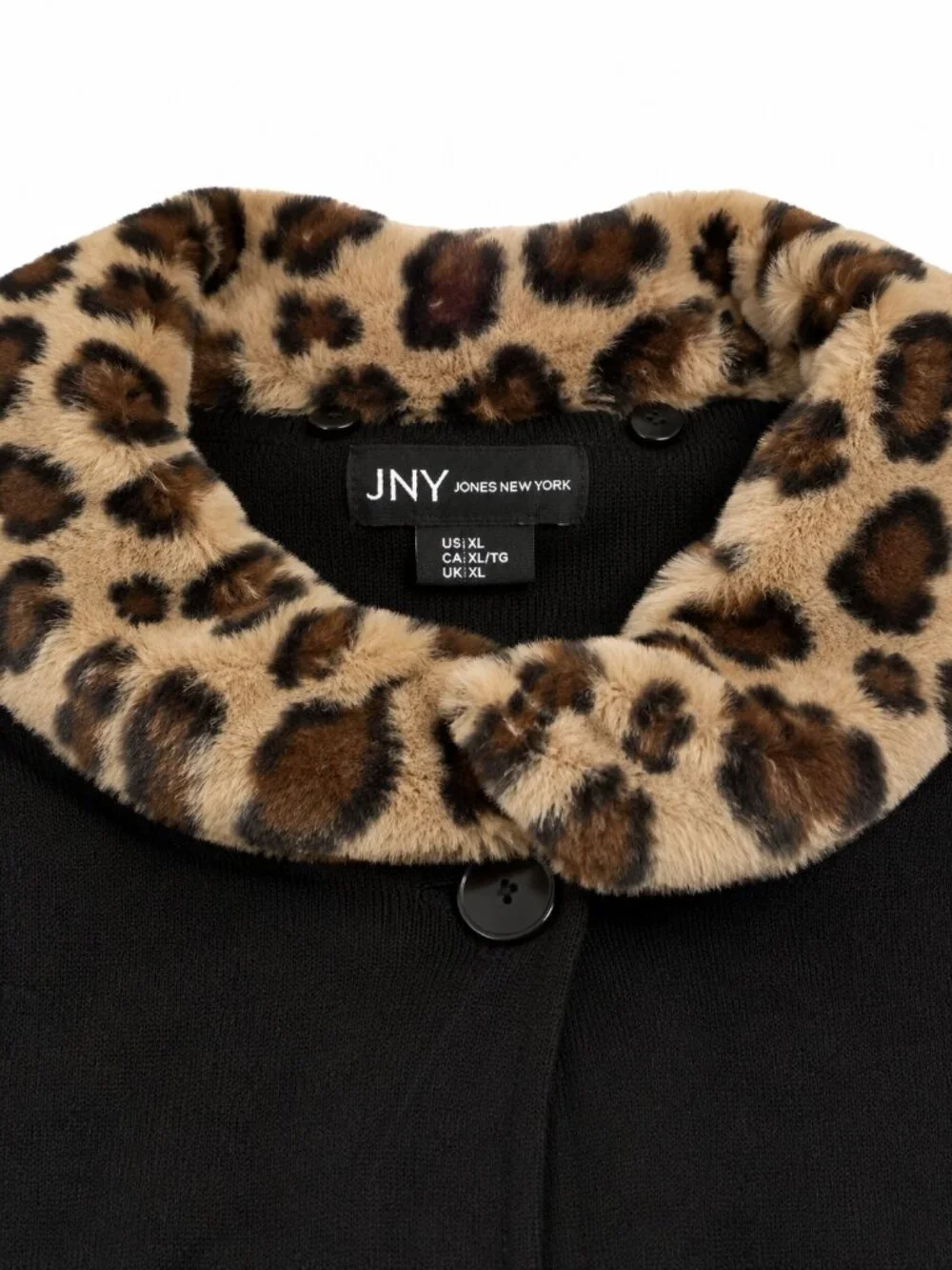 JNY Jones New York XL Black Sweater Coat Removable Leopard Collar